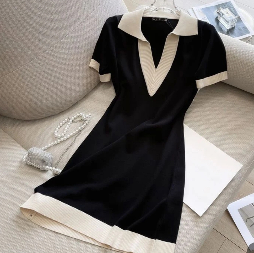 Classic Black and Cream Collared Knit Dress
